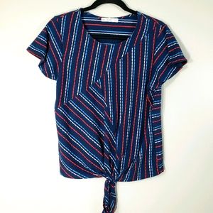 ACOS&A navy tie waist asymmetrical striped shirt